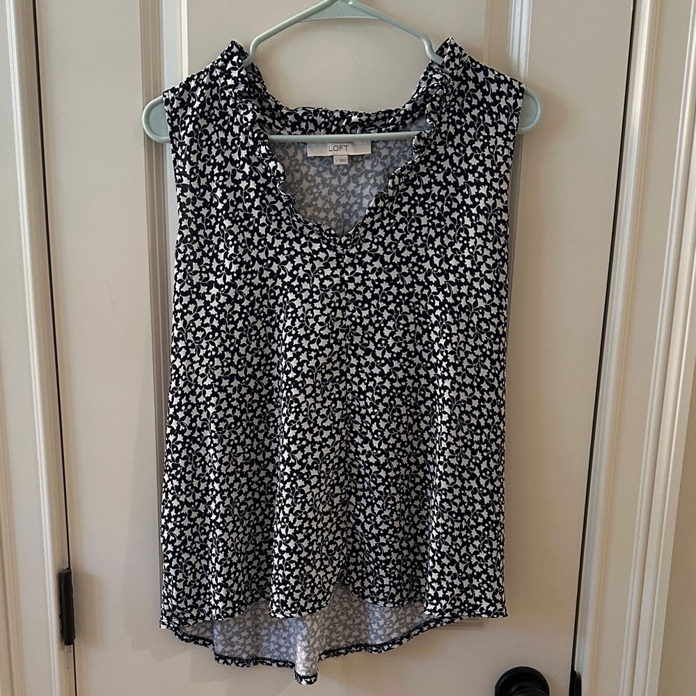 LOFT navy and white floral sleeveless blouse